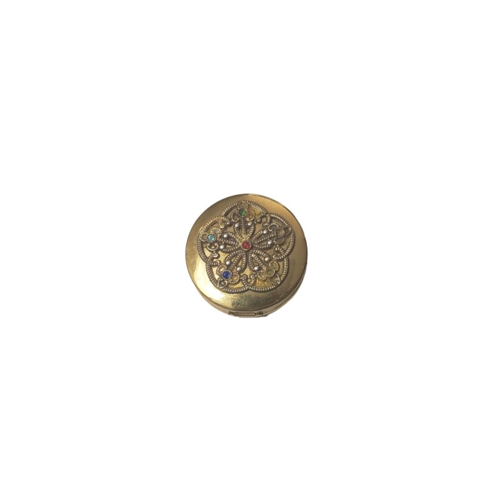 Hampden Gold Round Blush Compact Filigree Rhinestones Flaming Lotus